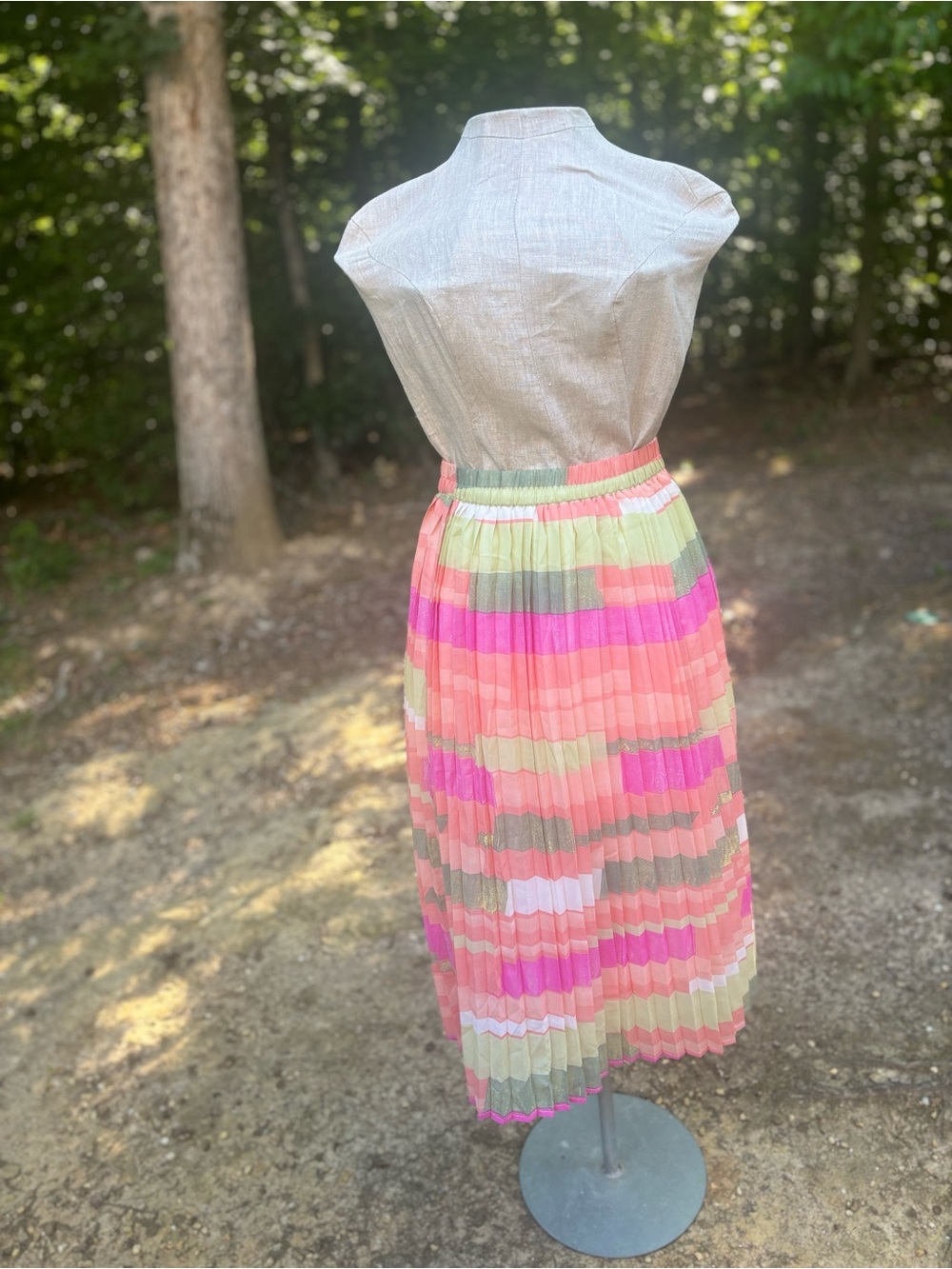 Pleated Multi-Color Midi Skirt - Pink & Coral Stripes